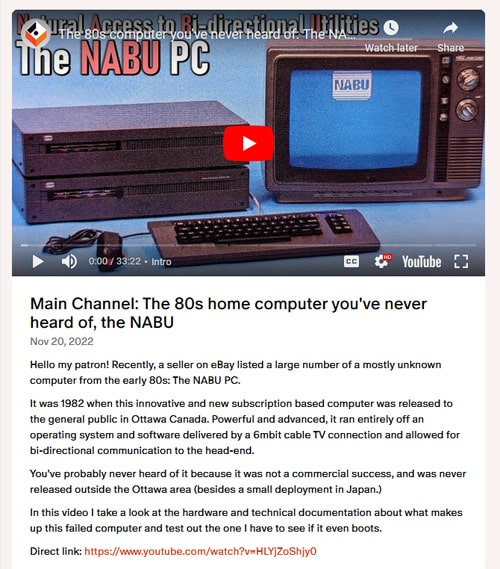 Adrian's Digital Basement November 20, 2022 Patreon post about NABU computers