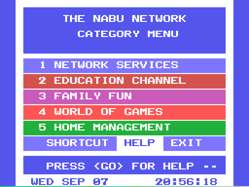 NABU PC Main Menu Selection Page